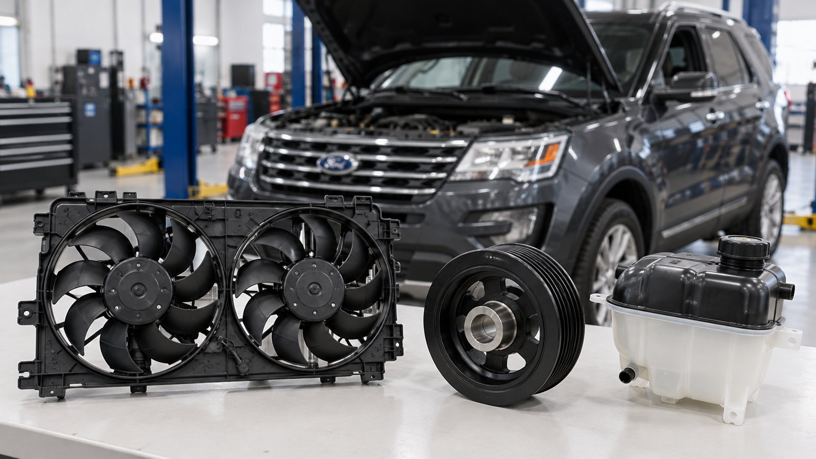 Motoventilador doble con módulo, polea de cigüeñal y depósito auxiliar de radiador para Ford Explorer 3.5 V6 de quinta generación, con la camioneta al fondo en el taller.